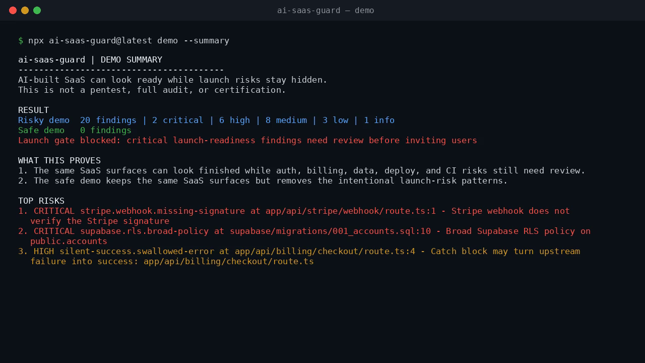 ai-saas-guard scan report in a terminal